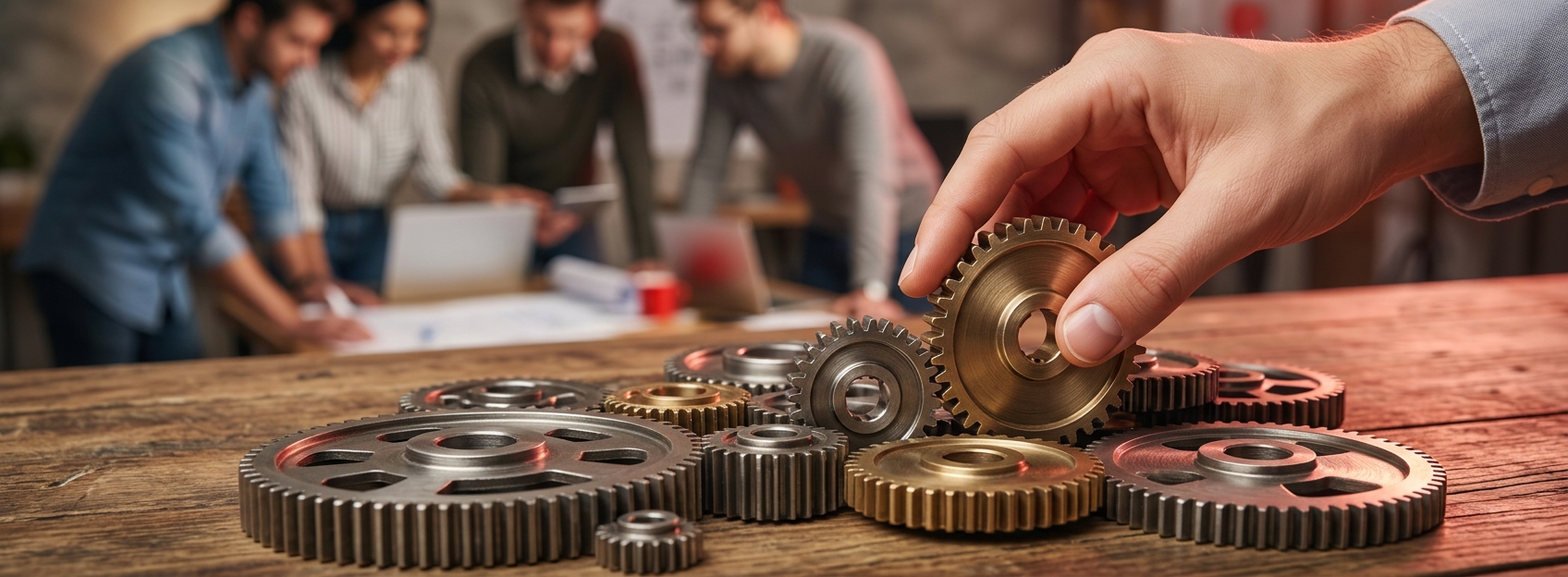 Manager's hand arranging metal gears of different sizes on a table